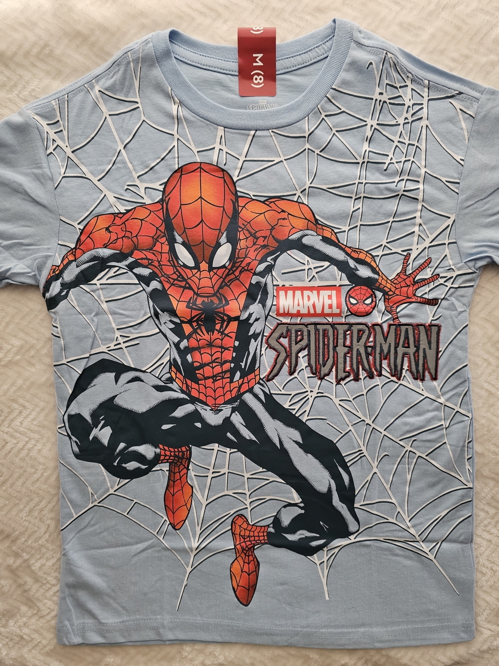 Marvel Spider-Man Embroidered Kids Tee - Light Blue Graphic T-shirt NWT